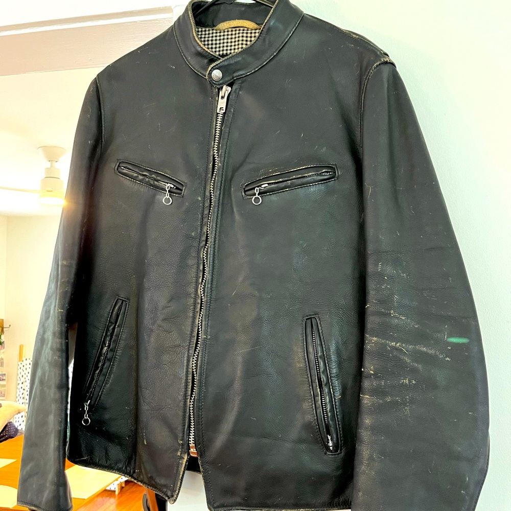 Distressed Schott cowhide leather Racer Jacket, eize small.